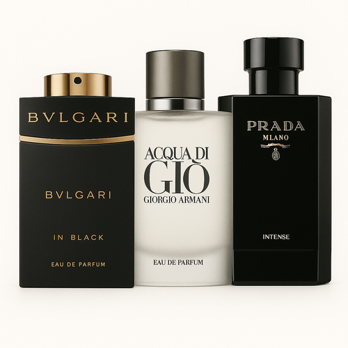 Paquete de 3 perfumes: Bvlgari In Black, Giorgio Armani Acqua Di Gio, L'Homme Prada Intense (Eau de Parfum)