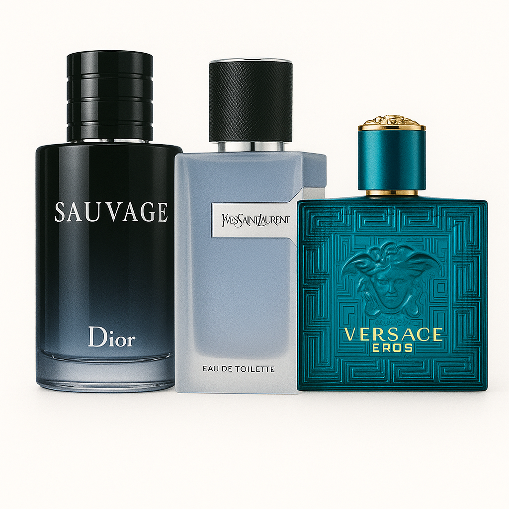 Paquete de 3 perfumes: Dior SAUVAGE, Yves Saint Laurent Y MEN, Versace EROS