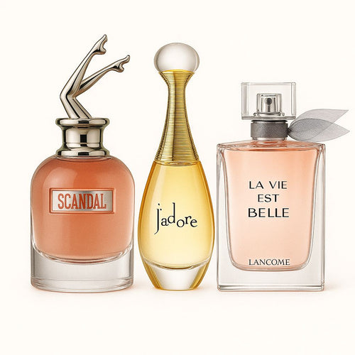 Paquete de 3 perfumes: Jean Paul Gaultier SCANDAL, Dior J'ADORE, Lancôme LA VIE EST BELLE (Eau de Parfum)