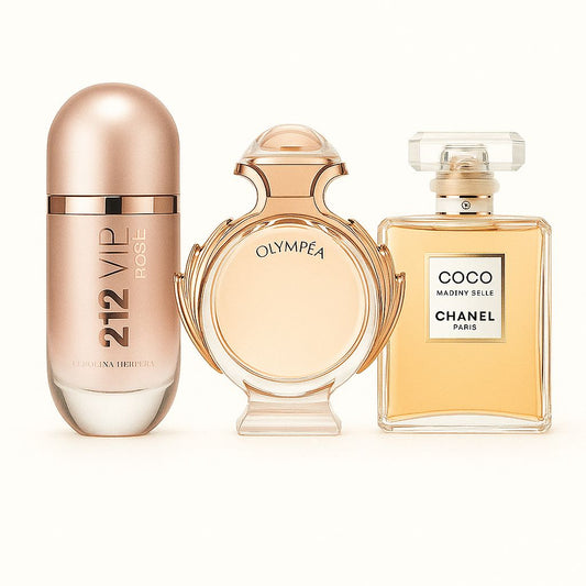 Paquete de 3 perfumes: Carolina Herrera 212 VIP ROSÉ, Paco Rabanne OLYMPÉA, Chanel COCO MADEMOISELLE (Eau de Parfum)
