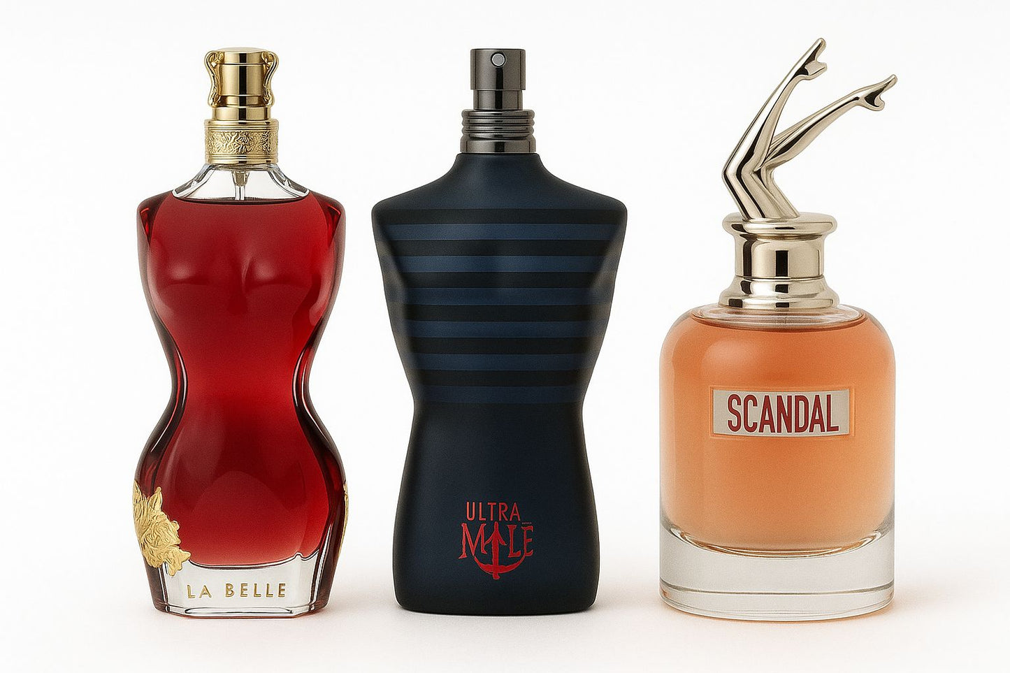 Paquete de 3 perfumes: LA BELLE, ULTRA MALE e Gaultier SCANDAL 100ml