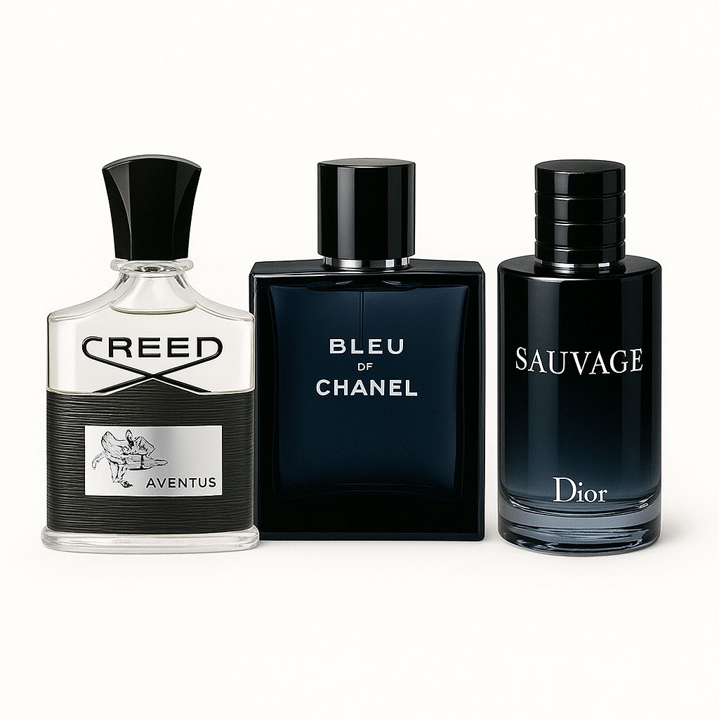 Paquete de 3 perfumes: Creed AVENTUS, BLEU DE CHANEL e Dior SAUVAGE 100ml