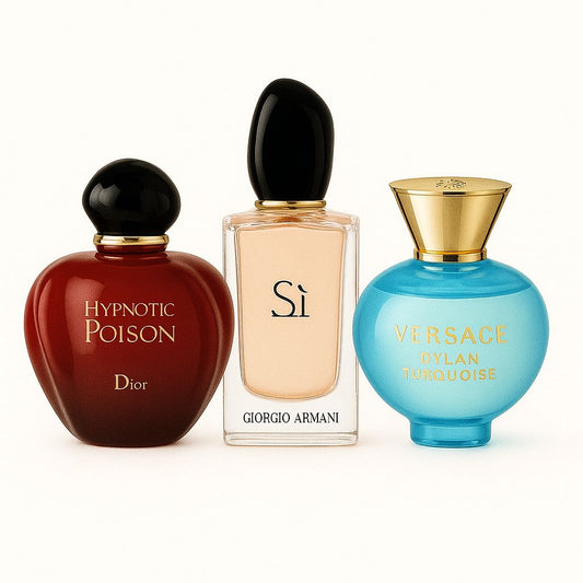 Paquete de 3 perfumes: Dior HYPNOTIC POISON, Giorgio Armani SÌ, Versace DYLAN TURQUOISE (Eau de Parfum)